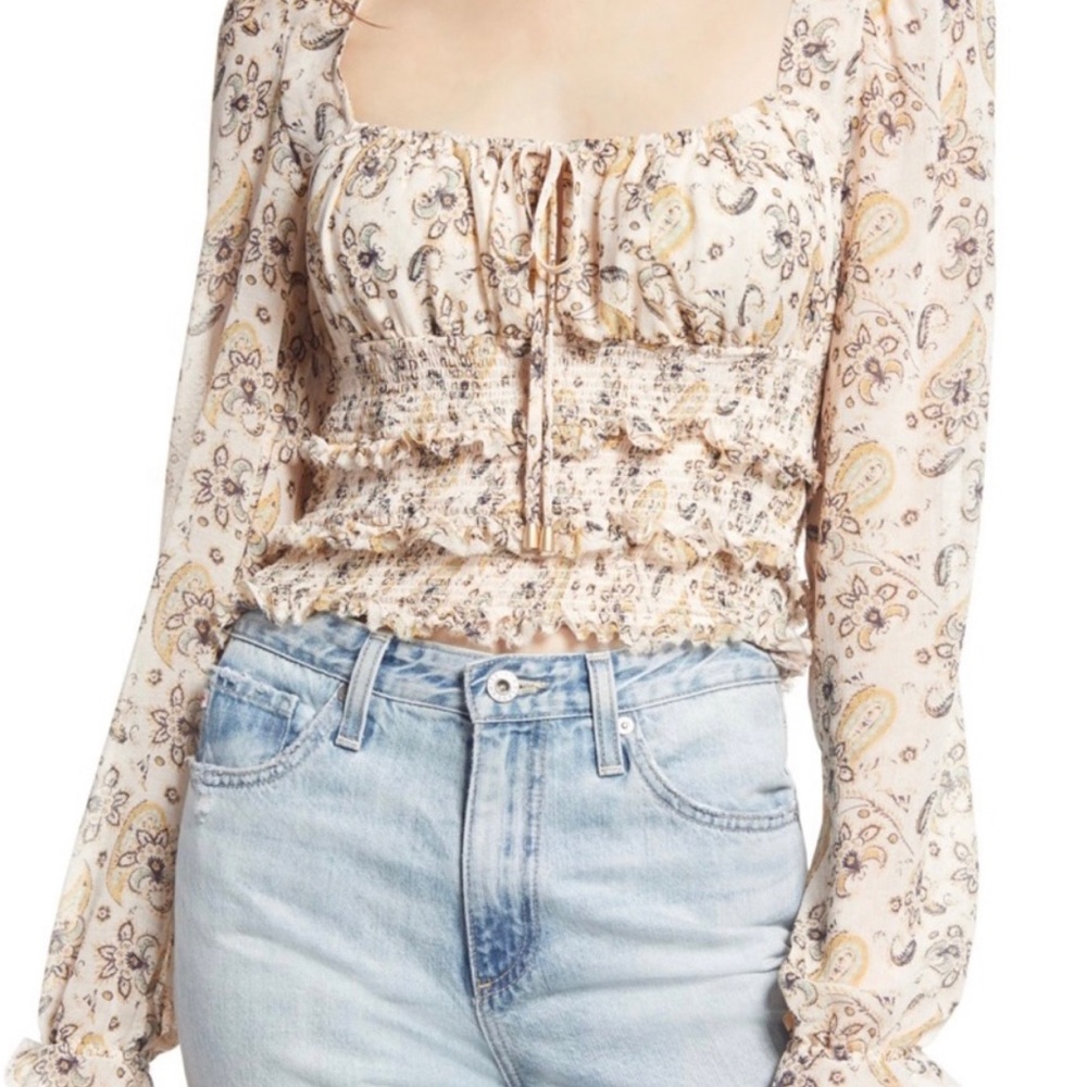Free People Flowered Tie Front Crop Top